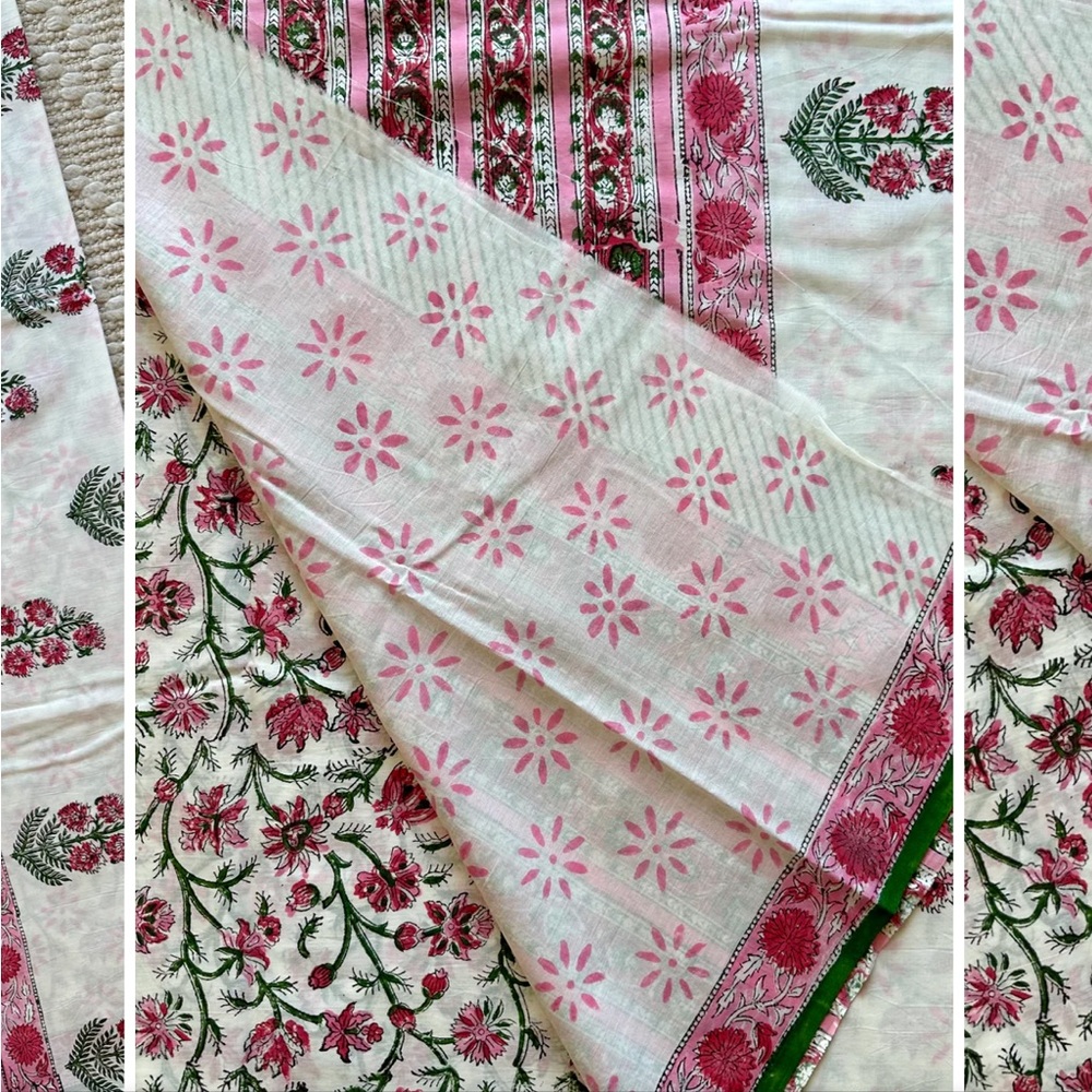 Floral Print Fabric with Pink and Green Accents New block Print cotton Saree - Picture 9 of 15